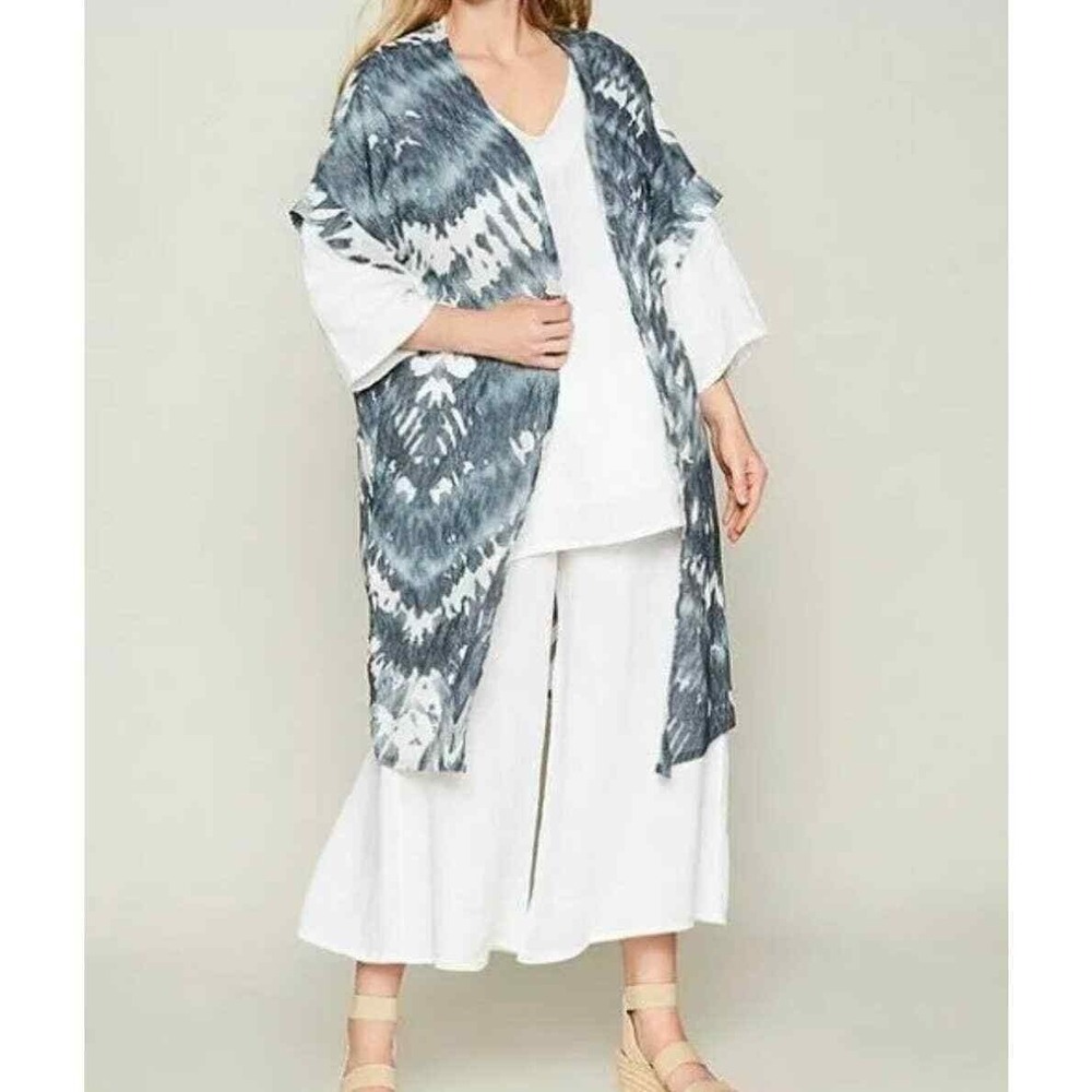 BRYN WALKER Ezra Printed Kimono Duster XL White Blue Lightweight Lagenlook Layer - Picture 2 of 15